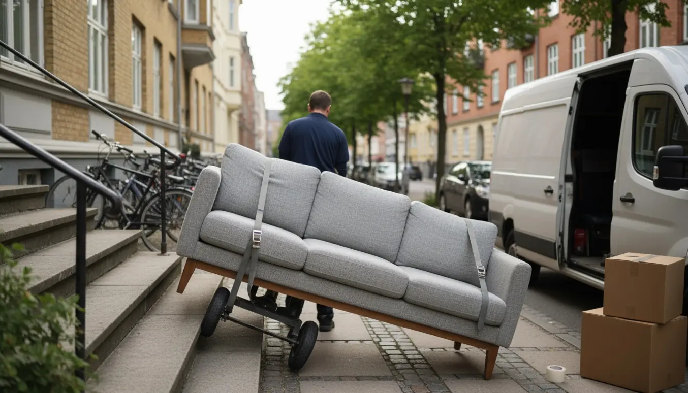 En sofa bæres fra en københavnsk opgang mod en hvid flyttevogn på en stille gade.