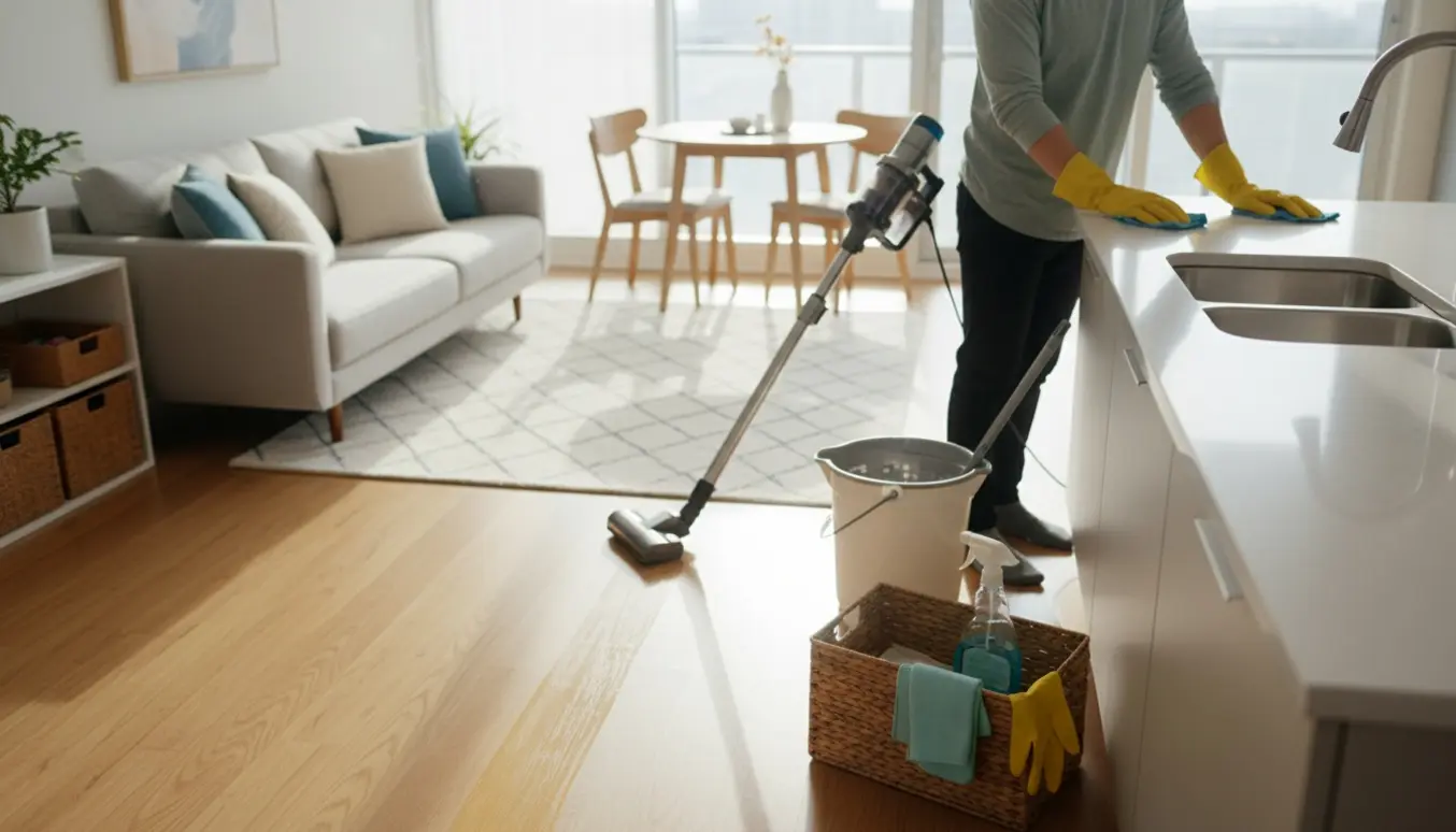 Hænder i gummihandsker støvsuger og mopper i et lyst, ryddeligt hjem.