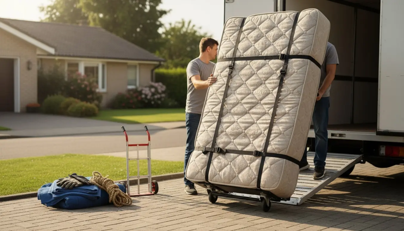 En stor 160x200 cm madras løftes ind i en hvid flyttevogn af to personer med ansigterne vendt væk.