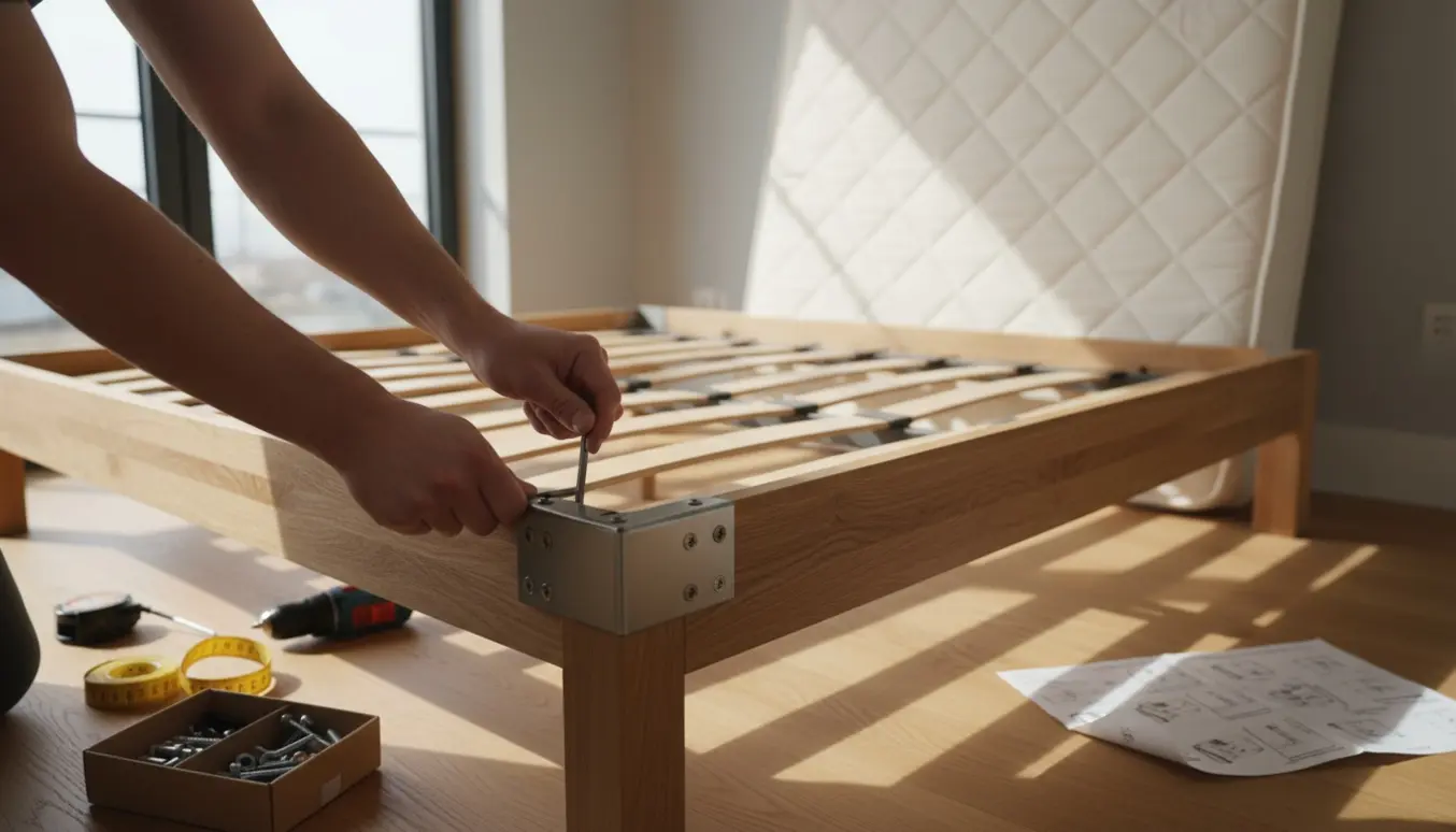 Hænder samler en træ-seng med unbrakonøgle og skruer i et lyst, ryddeligt soveværelse.