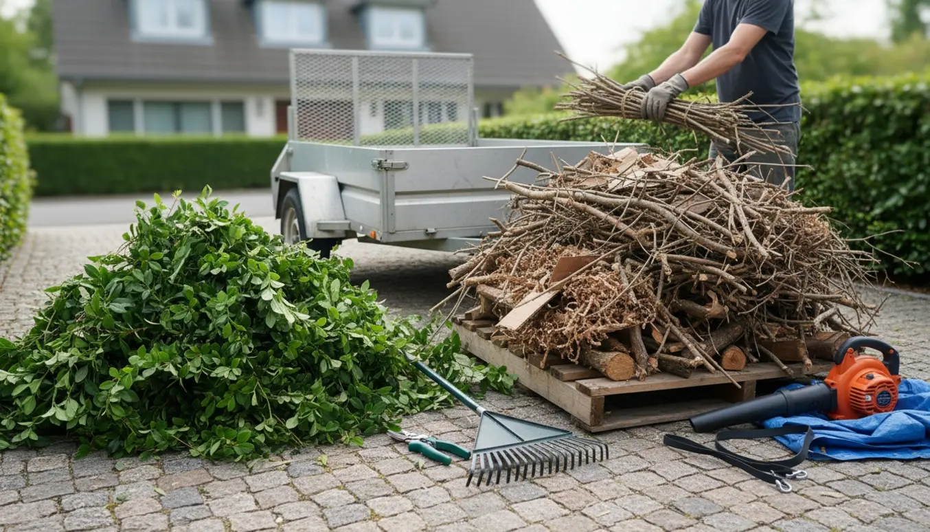 Hækkeafklip og en palle med småt brændbart samlet i indkørslen klar til afhentning med trailer.