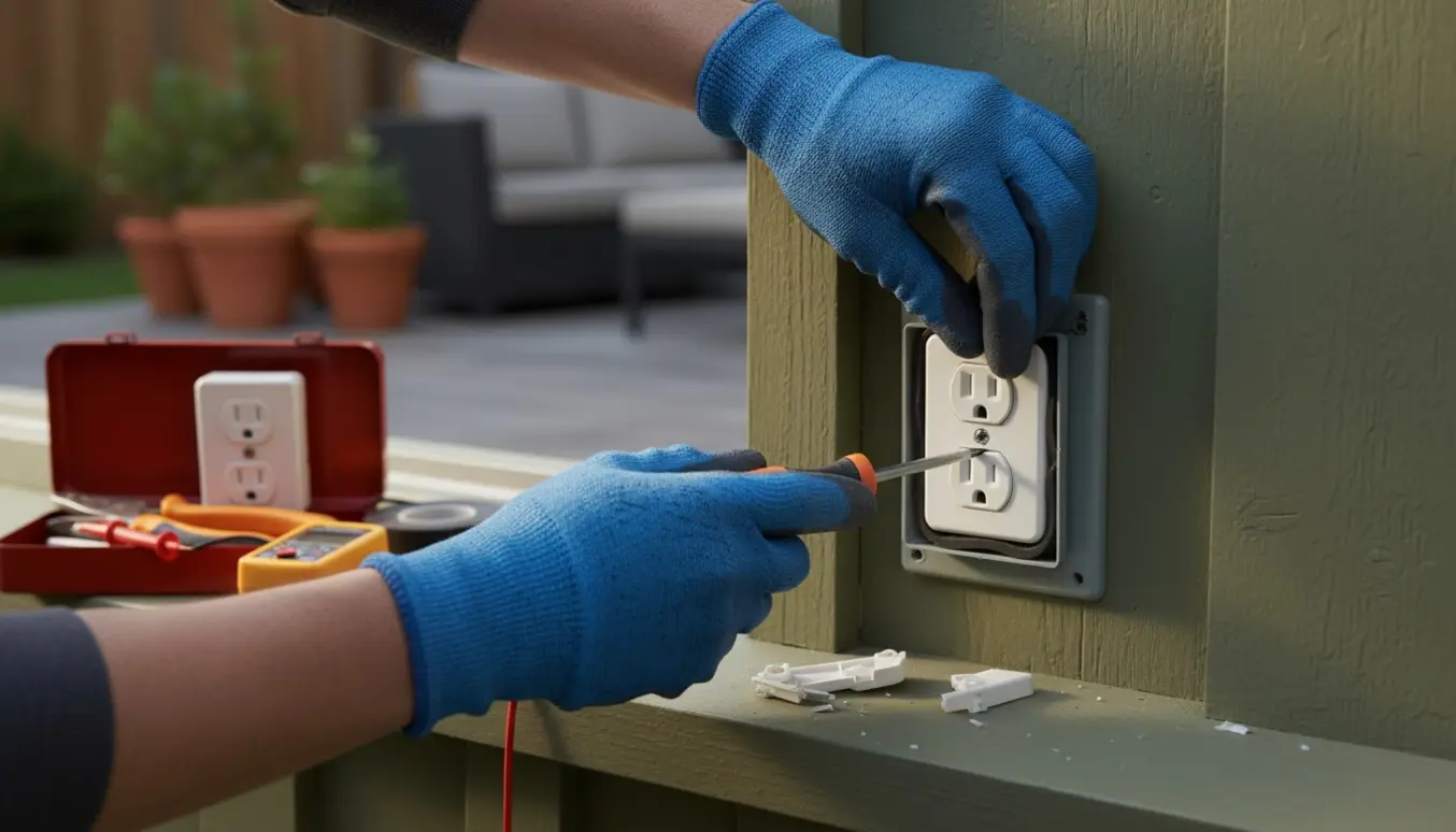 Nærbillede af arbejdshandsker, der udskifter en udendørs stikkontakt på husets facade.