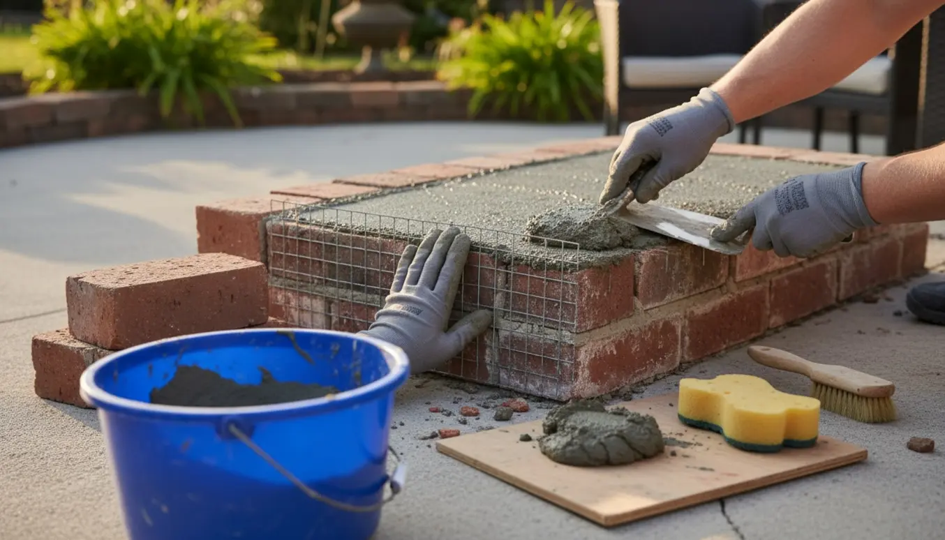 Nærbillede af hænder, der monterer trådnet og afglatter mørtel på et udekøkkenbord med frostskader.
