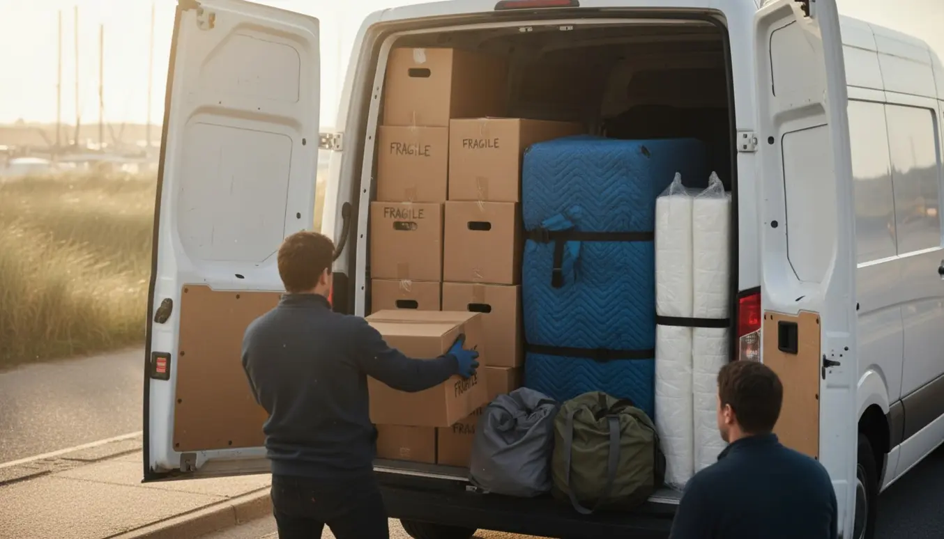 Åben flyttebil med et lille kølefryseskab, flyttekasser, tasker og to topmadrasser klar til transport.