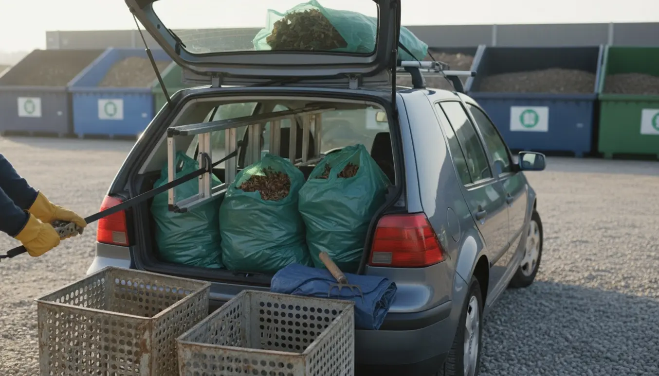Åben bil bagagerum fyldt med haveaffaldssække, to gamle skraldestativer og en stige klar til genbrugspladsen.