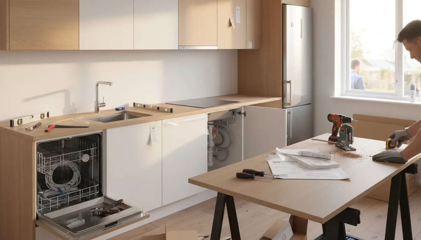 Delvist opsat lyst IKEA‑inspireret køkken og bryggers med to håndvaske, hvidevarer og en bordplade, hvor håndværker måler og saver.