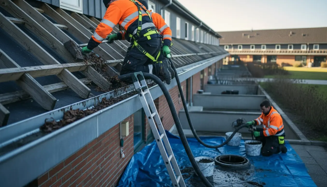 Arbejdere renser tagrender og fjerner slam fra afløbsbrønde ved rækkehuse.