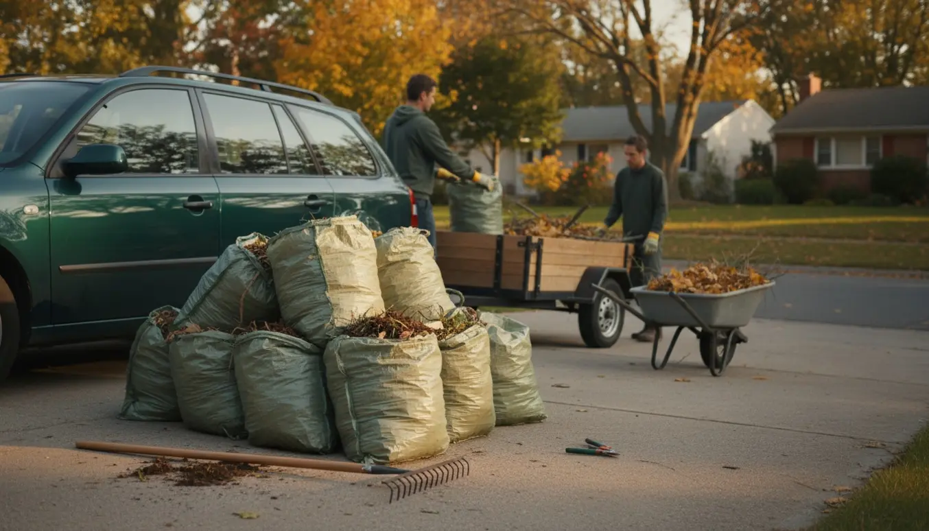 Haveaffaldssække bliver lastet på en anhænger ved en villadriveway.