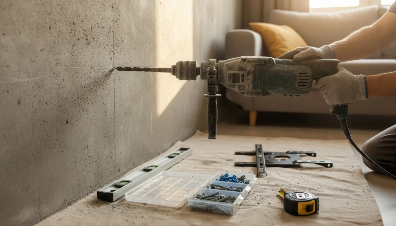 Borehammer og værktøj klar ved en lejlighedsvæg med mærker til TV-ophæng og rawlplugs på et underlag.