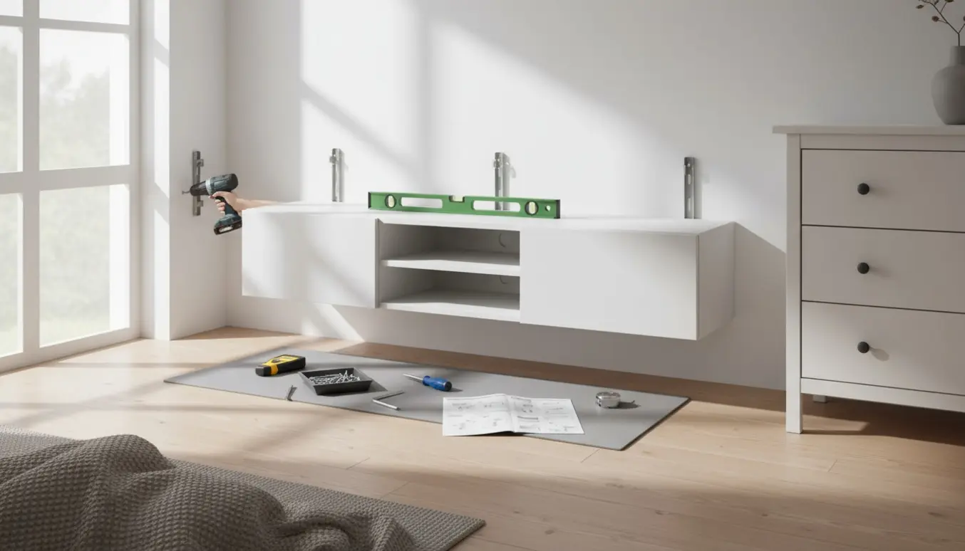 Halvmonteret væghængt TV-bord på gipsvæg og samlet kommode på gulvet med værktøj omkring.
