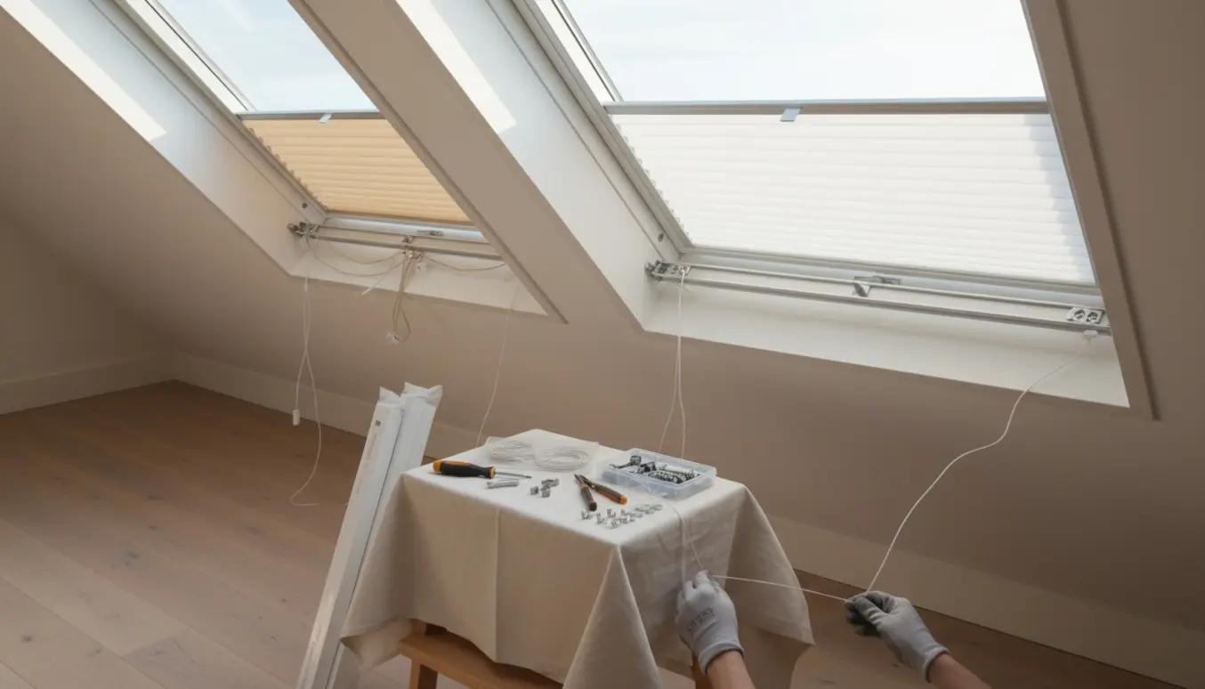 To ovenlysvinduer hvor nye gardinsnore monteres, med værktøj og trinbræt i forgrunden.