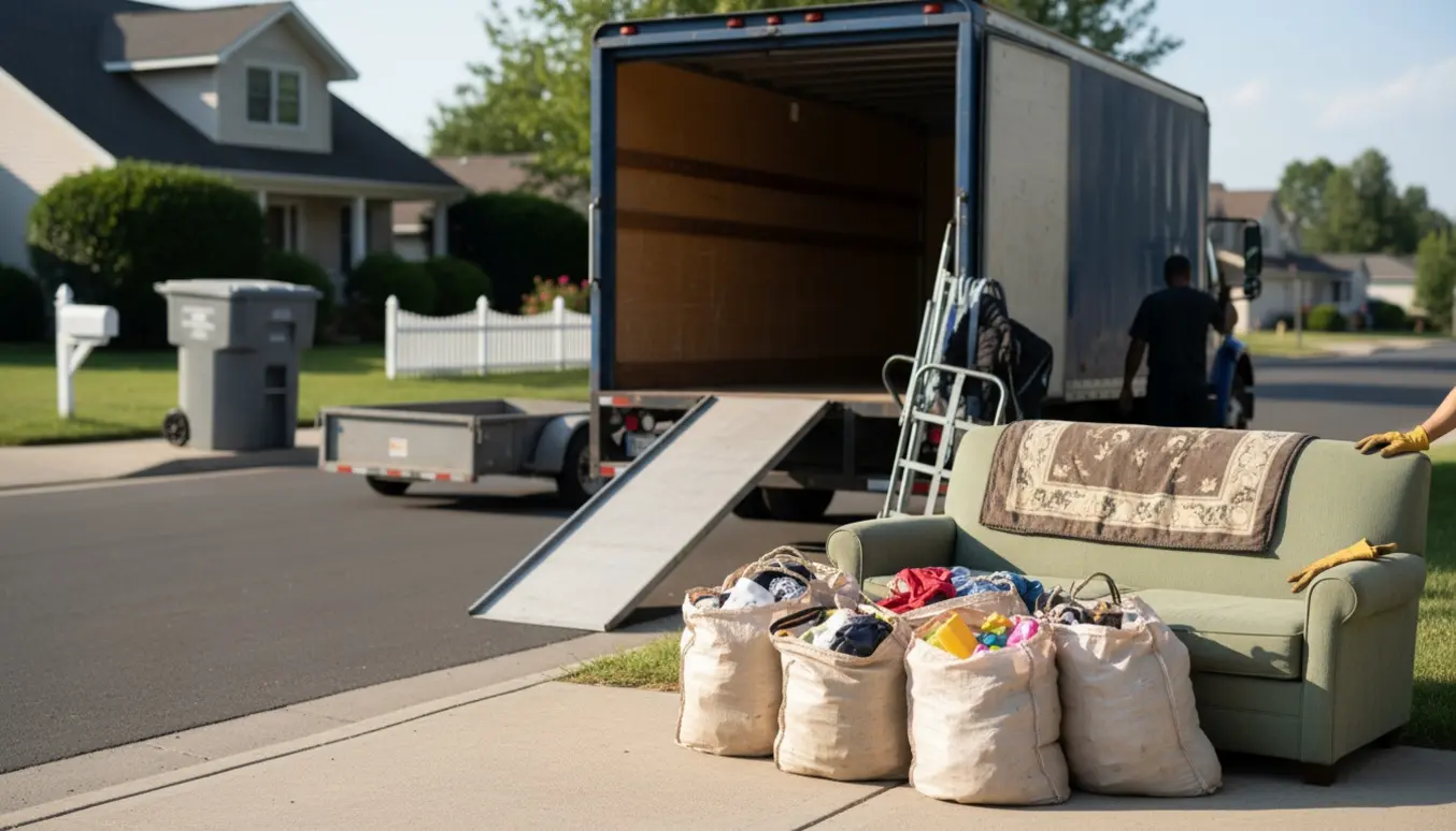 Lastbil ved vejkanten klar til afhentning af donationssække og en sovesofa.