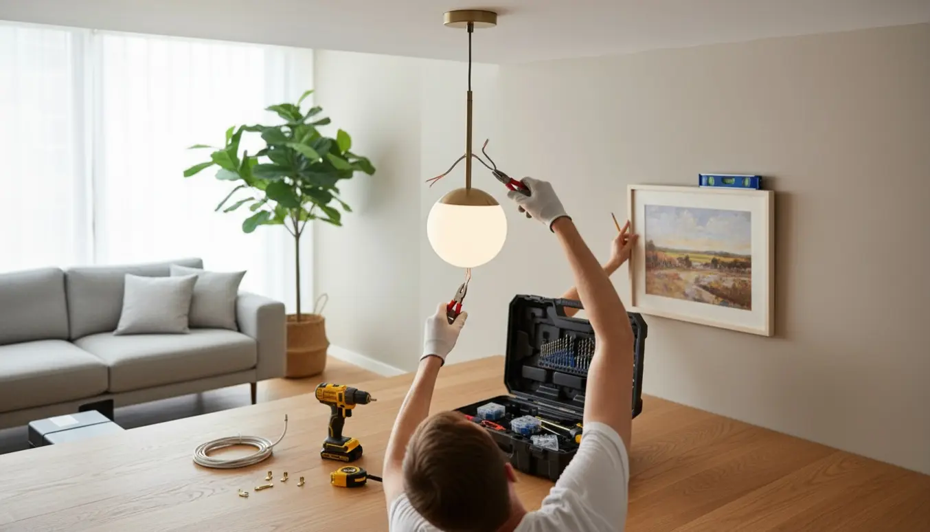 Hænder på en stige monterer en loftslampe, mens en anden hænger et indrammet maleri i en lys, moderne stue.