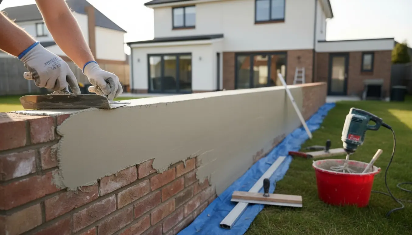 Hænder glatter frisk puds på en 8 meter lav mur, så murstenene ikke ses.