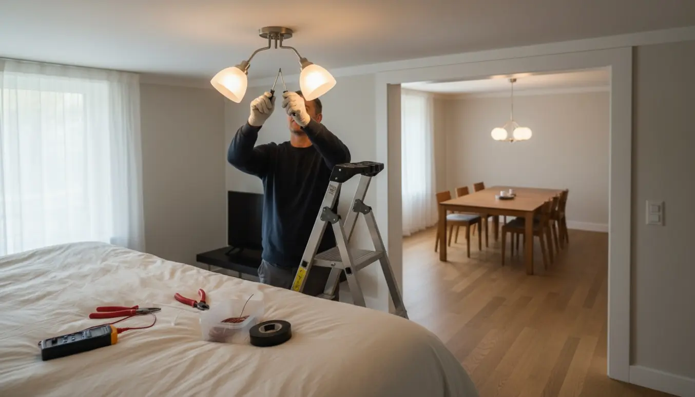Hænder på en stige installerer en dobbelt loftslampe i et soveværelse med værktøj og en pendel over spisebordet i baggrunden.