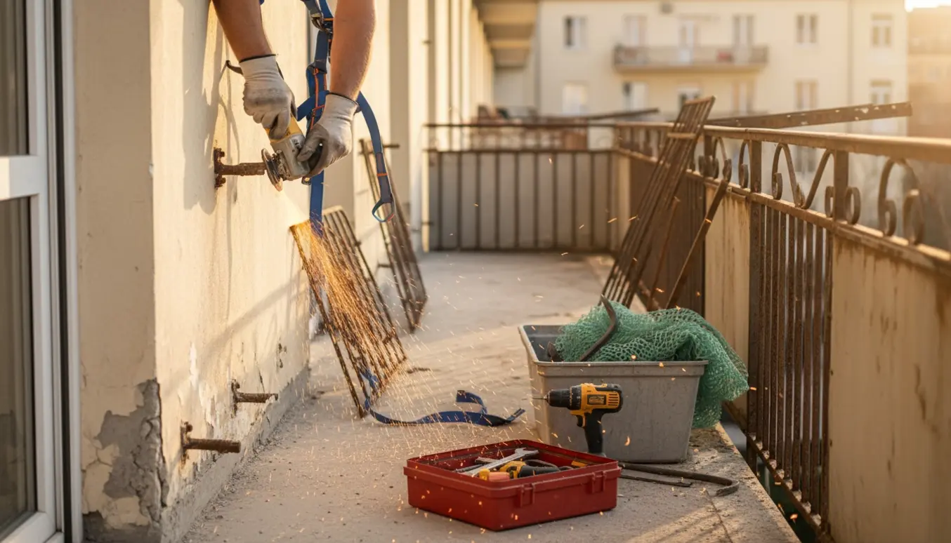 En arbejder i sikkerhedsudstyr skærer beslag af en smal altan under nedtagning med værktøj og byggeaffald på stillads og i container.