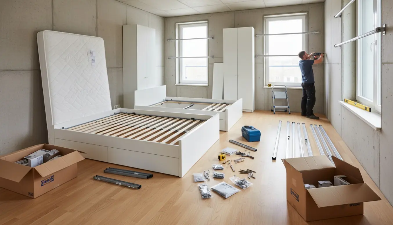 Halvfærdig montage af Ikea-seng og skabe med værktøj og opsætning af gardinstænger foran en betonvæg.