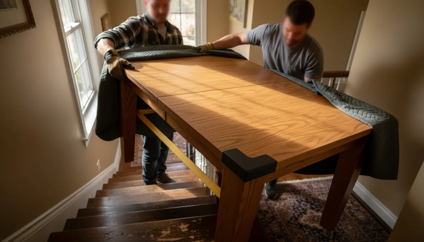 To personer bærer et tungt massivt egetræs spisebord op ad en trappe i naturligt dagslys.