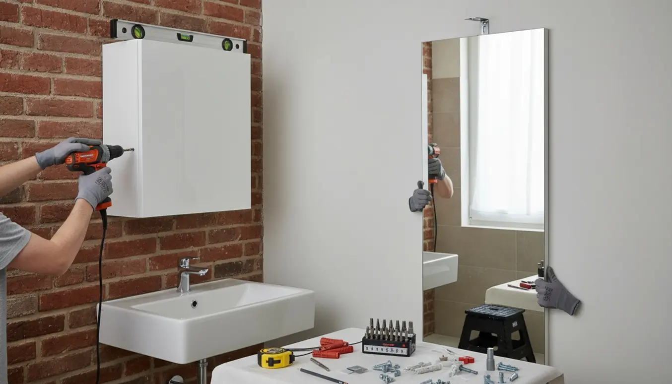 Montering af IKEA-vægskab på murstensvæg og opsætning af højt spejl på gipsvæg med værktøj samlet.