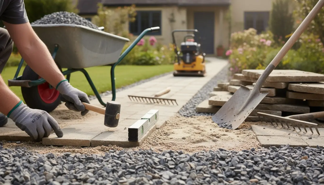 Nærbillede af hænder, der lægger fliser tilbage på et planeret grusunderlag i en havegang.