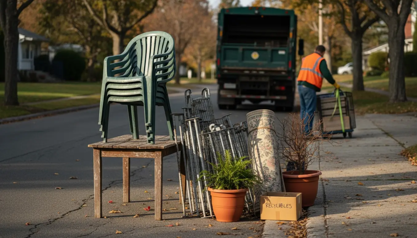 Havebord og havemøbler stillet ud til storskrald ved fortovet i en villavej.