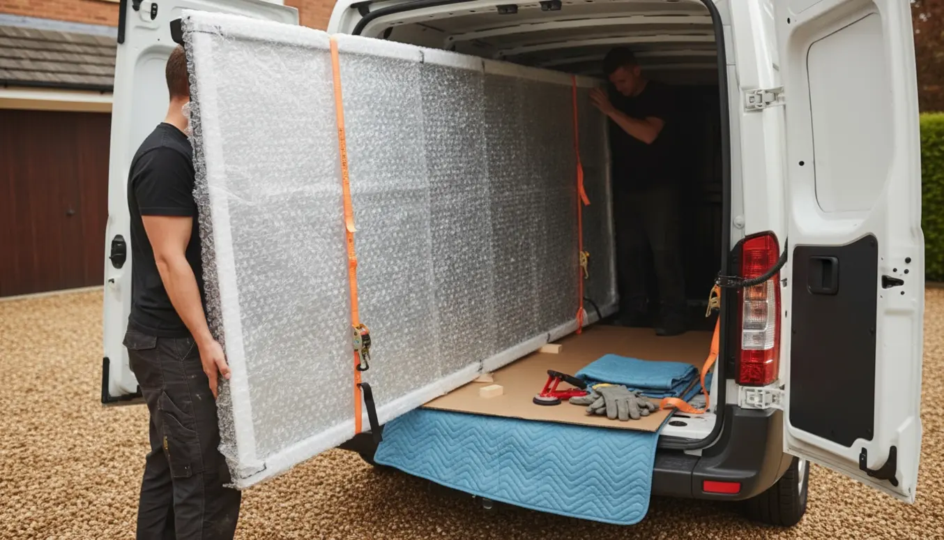 Indpakket brusevæg med kantbeskyttere ligger på et tæppe i en varevogn, sikret og klar til transport.