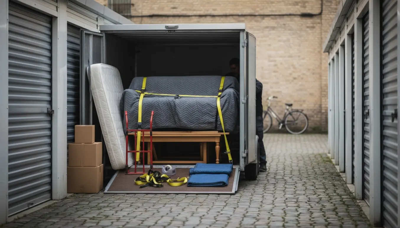 Åben trailer læsses fra et opbevaringsrum med to sofaer, en seng, et bord og tre til fem flyttekasser.