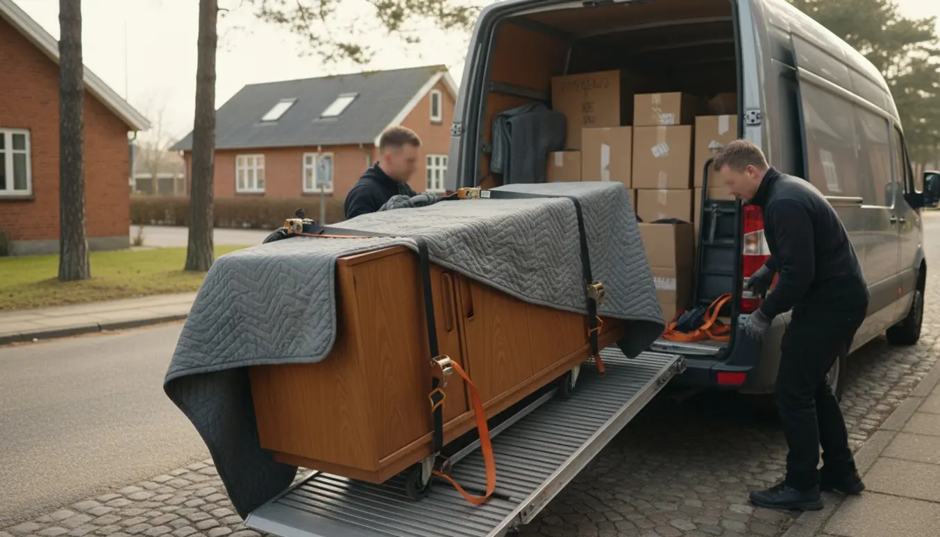 Et træskænk læsses omhyggeligt ind i en flyttevogn på en stille dansk villavej, beskyttet af tæpper og stropper.