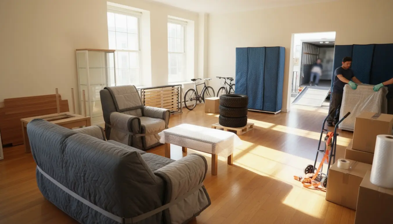 Flyttescene i lys stue med pakket sofa, møbler, cykler, vinterdæk og flyttekasser.