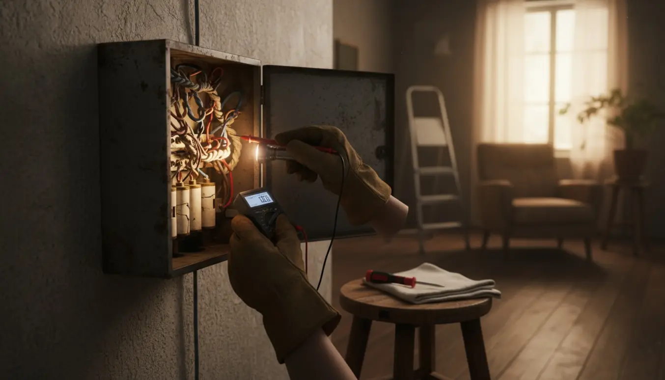 Nærbillede af et åbent gammelt eltavle, hvor hænder tester ledninger med multimeter og lommelygte.