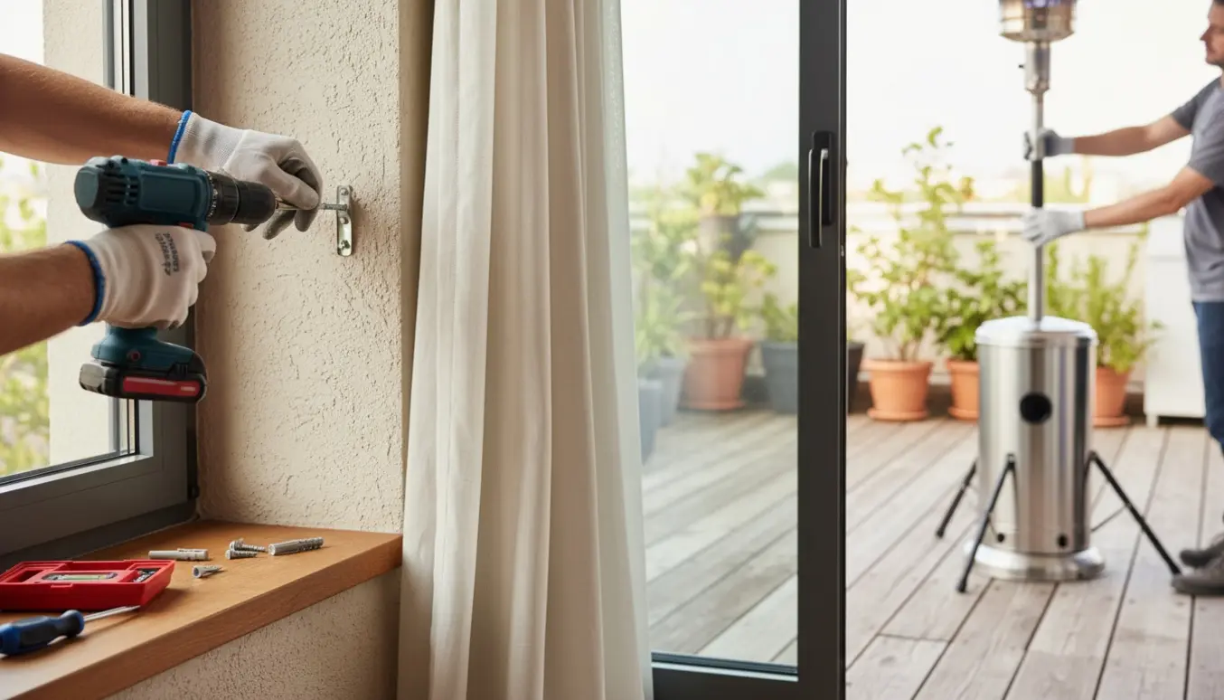 Nærbillede af hænder, der genmonterer en gardinstang indendørs og monterer en terrassevarmer på et stativ udenfor.