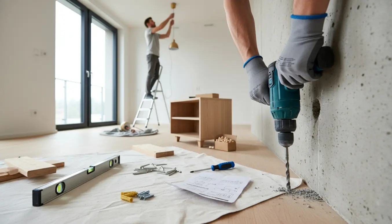Hænger hylde op med borehammer, samler et lille skab og monterer en loftslampe med ekstra hvid ledning.