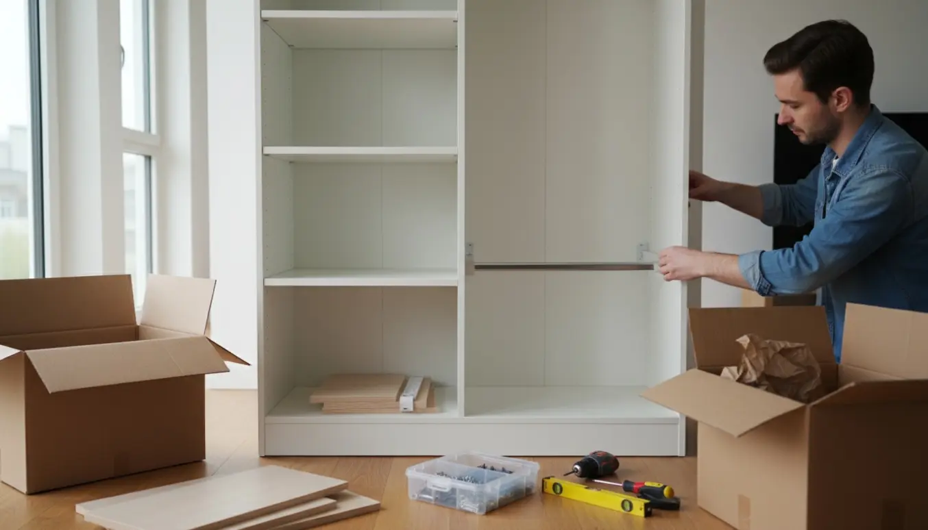 Delvist samlet PAX-garderobe i lejlighed med værktøj og åbne pakker.