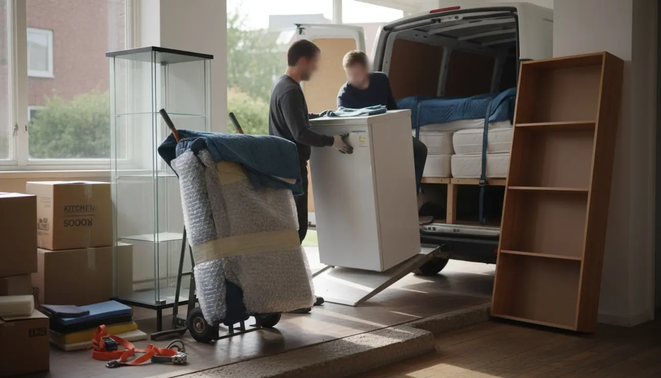 To senge, en skabsfryser, en bogreol og et glasskab pakkes og læsses på en flyttevogn med flyttetæpper og håndtralle.
