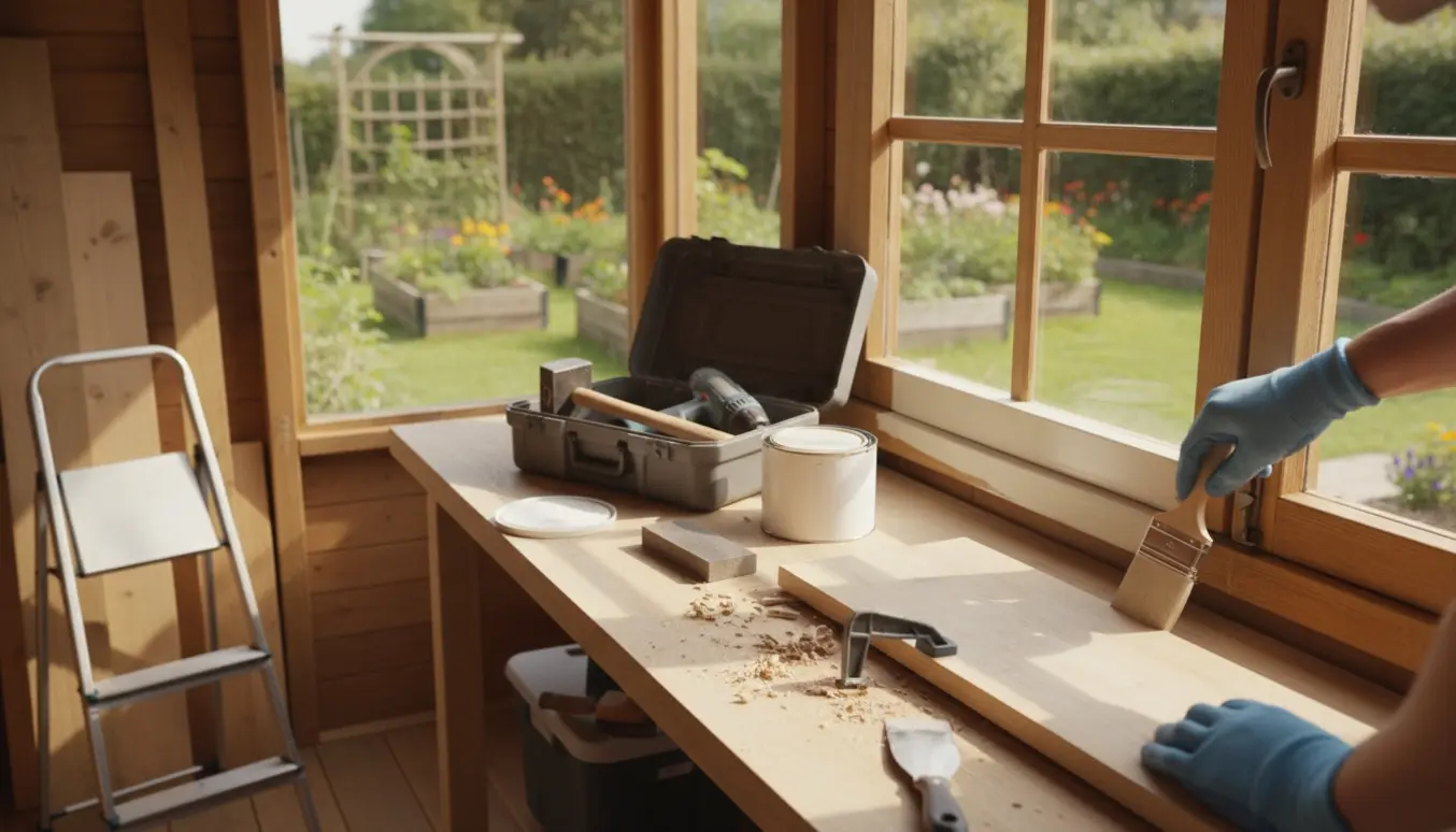 Hænder maler vindueskarm i et solbelyst kolonihavehus med værktøj og træmaterialer omkring.