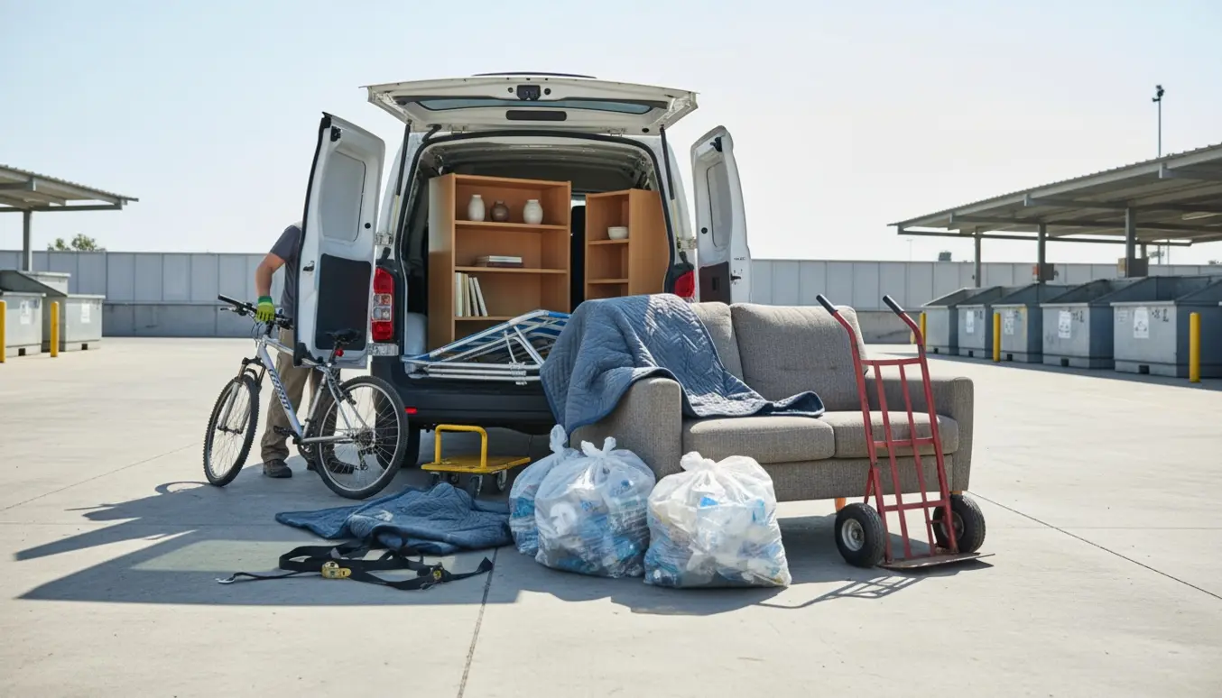 En varebil læsser sofa, reol, cykel og sække med plast af ved en genbrugsplads på en solrig formiddag.