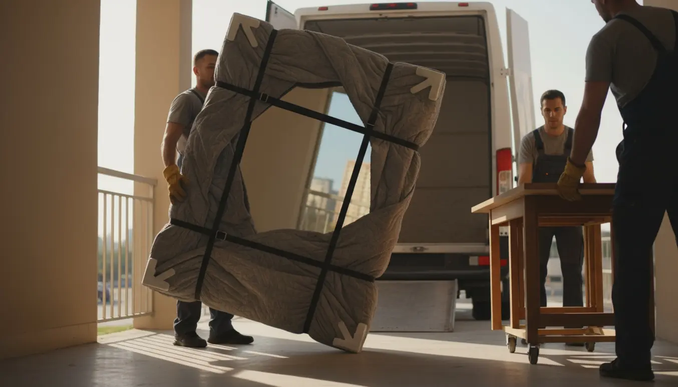 Flyttefolk bærer et stort indpakket spejl og skubber et bord på en dolly ned ad en opgang mod en flyttevogn.