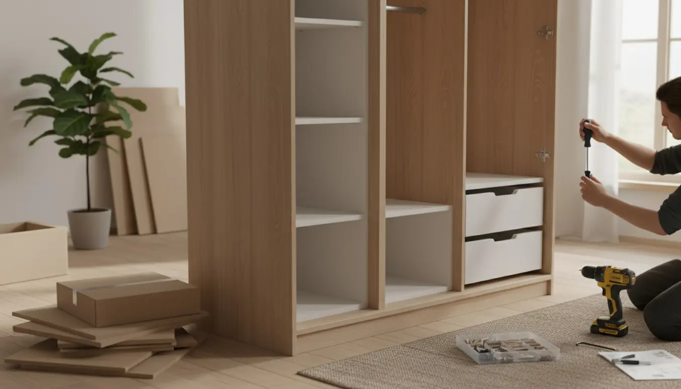 Delvist samlet PAX-garderobe i et lyst værelse med værktøj og hænder, der monterer en hylde.