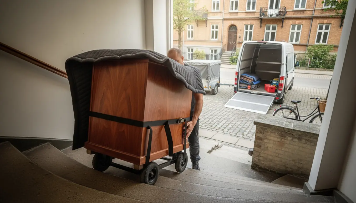 Et mahogniskab læsses på en dolly og sikres med stropper ved en åben flyttebil foran en københavnsk opgang uden synlige ansigter.