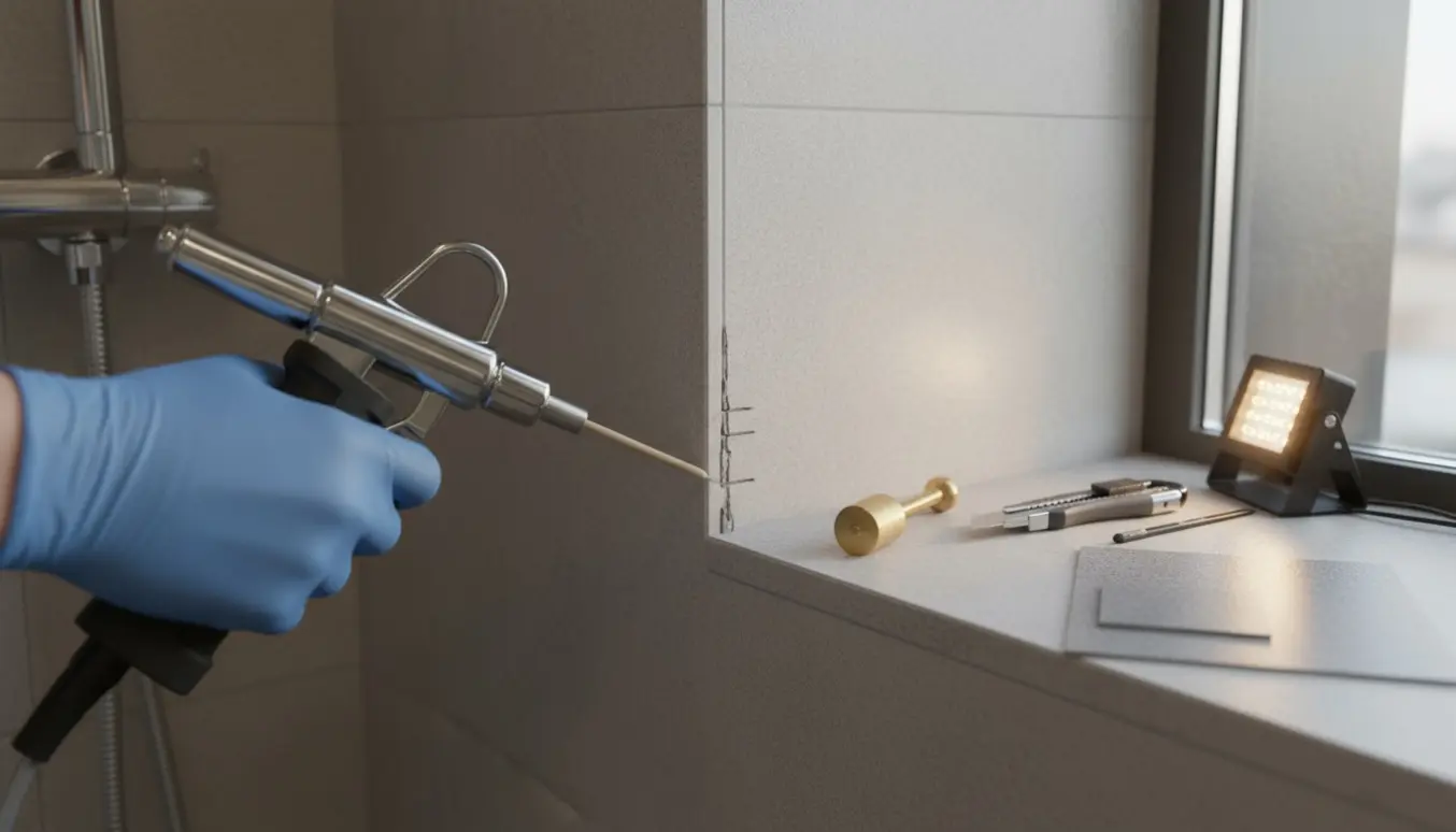 Nærbillede af gråmeleret vinyl i bruseniche med tre revner ved svejsningen og værktøj klar til udbedring.