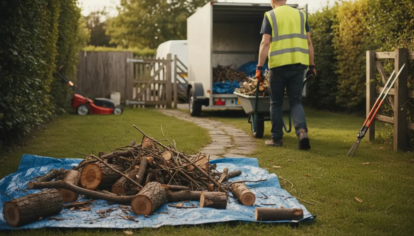 En anonym person læsser træaffald i en stor lukket trailer fra en baghave.