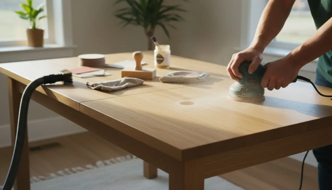 Nærbillede af slibning af lyst egetræs spisebord med en elektrisk slibemaskine og synlige mørke skjolder.