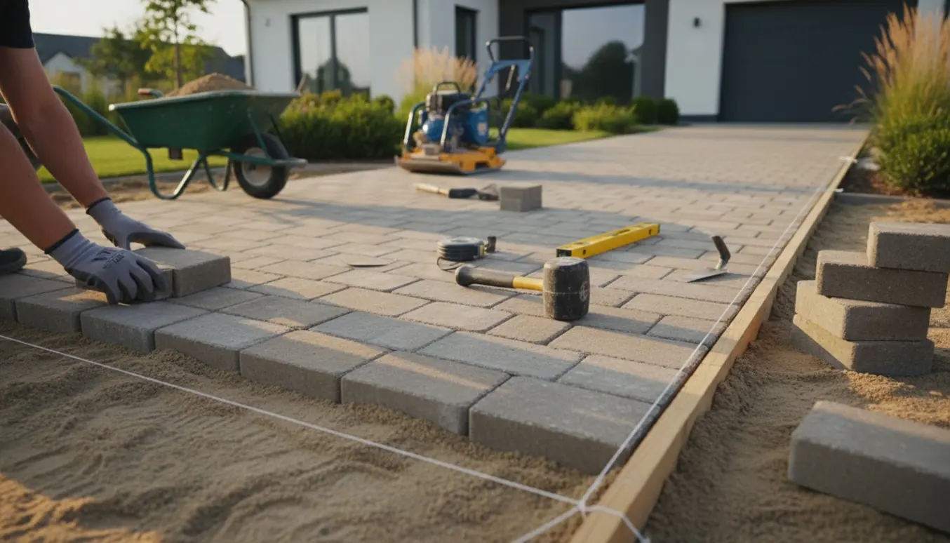 Udvidelse af indkørsel med nye fliser lagt på sandbund og værktøj i forgrunden.