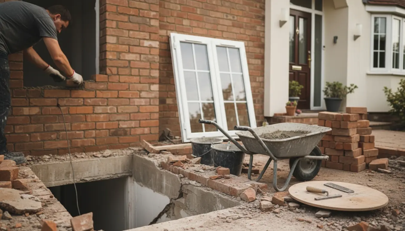 Udendørs byggearbejde hvor betonnedgang fjernes, kælderdør er taget ud og åbningen mures til med nyt vindue klar til isætning.