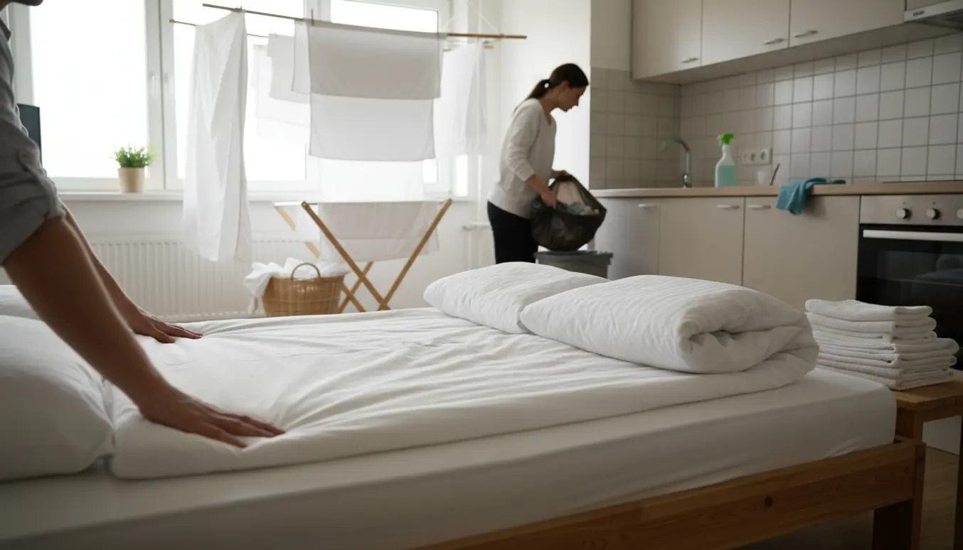 Rengøring og klargøring af en lille AirBnB-lejlighed med frisklagte sengetøj, håndklæder og vasketøj til tørre.