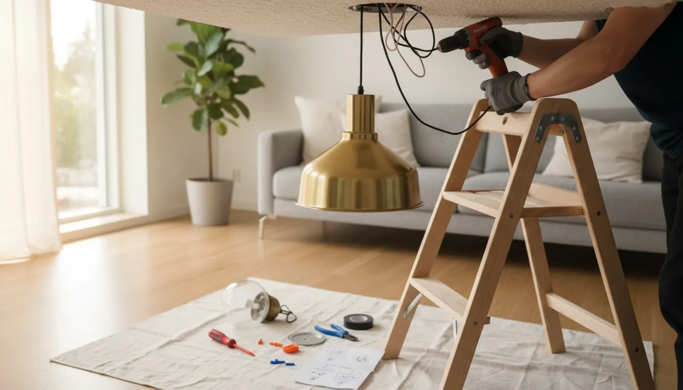 Hænder monterer en ny loftlampe fra en trappestige i et lyst skandinavisk rum med værktøj på en afdækningsdug.