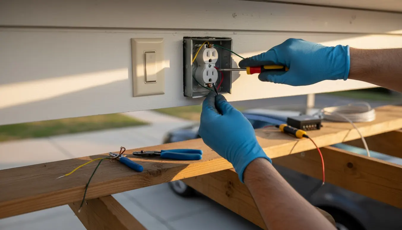 Nærbillede af hænder, der installerer en dobbelt stikkontakt under taget i en carport med værktøj og kabler.