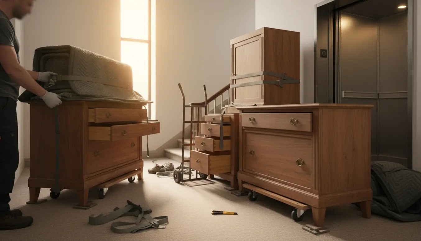 Valnøddeschatol i tre dele pakket og klar til bortskaffelse på en trappeopgang med åben lille elevator.