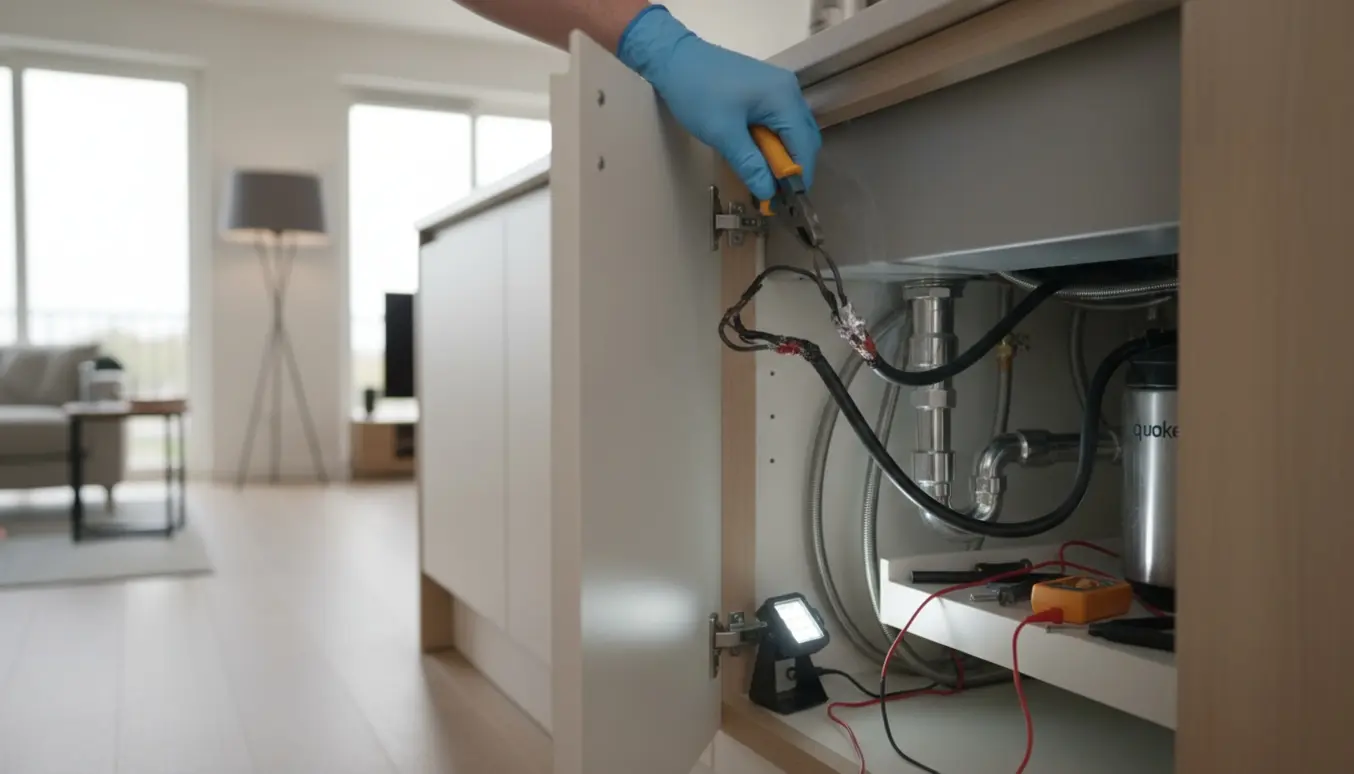 Elektrikerhånd reparerer smeltede samlemuffer i underskab ved opvaskemaskine og Quooker, med værktøj og LED-dæmperdele ved siden af.