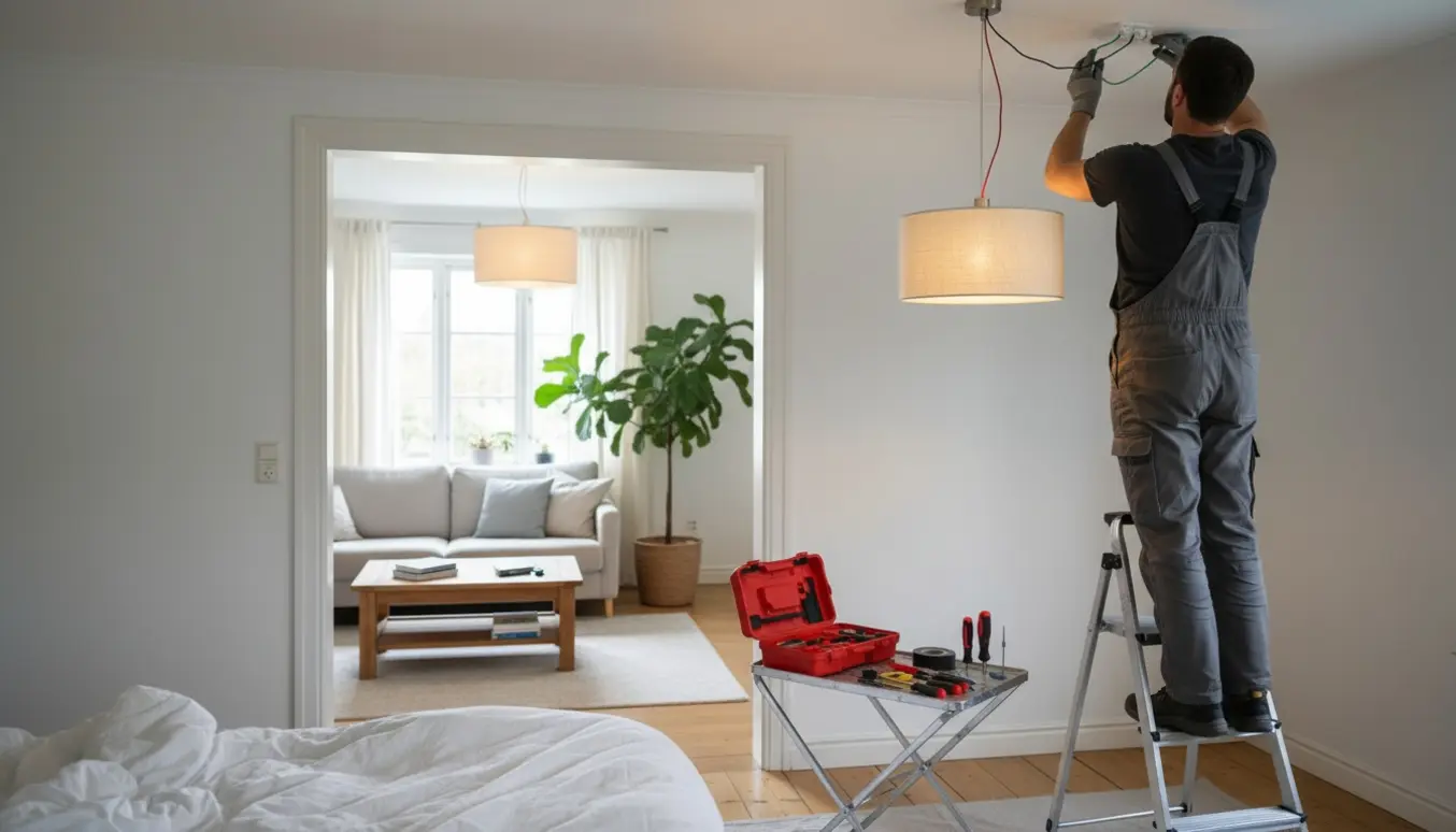 En tekniker på en skammel monterer en loftlampe i soveværelset, mens en tændt lampe ses i stuen gennem døren.